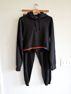 Aviator Nation Logo Rainbow Striped Trim Cropped Hoodie Set Black M